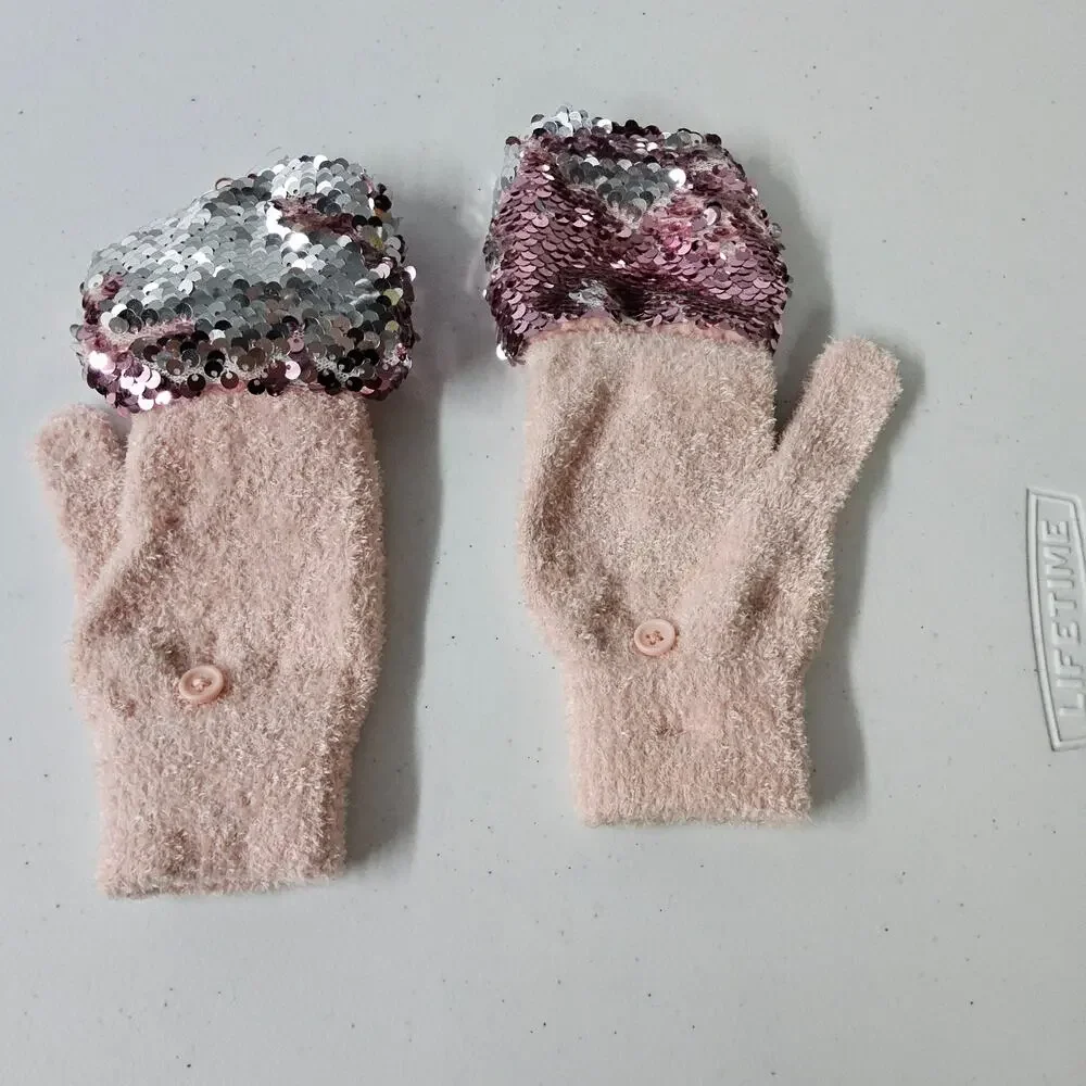 Justice Convertible Mitten Gloves Kids One Size Pink Reversible Flip Sequin Fuzz